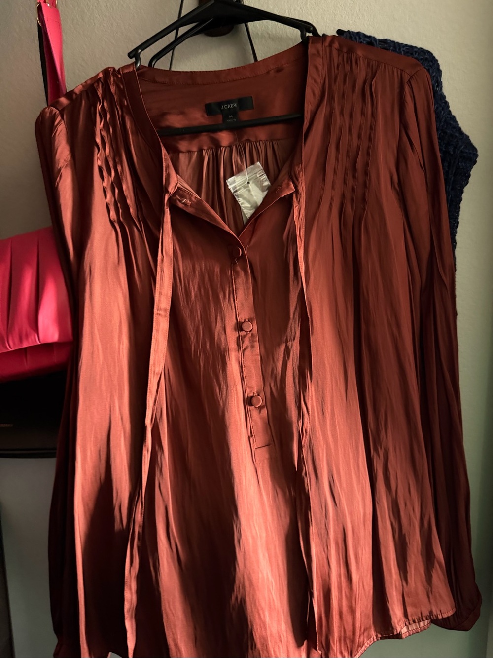J. Crew || featherweight satin tie neck top in clay tile - Picture 2 of 3